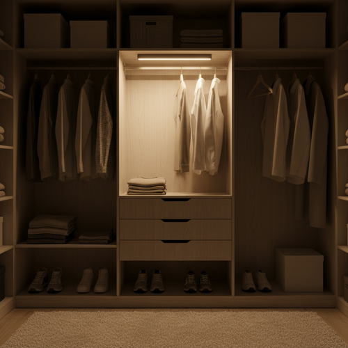 Wireless motion sensor LED light illuminating a modern home closet
