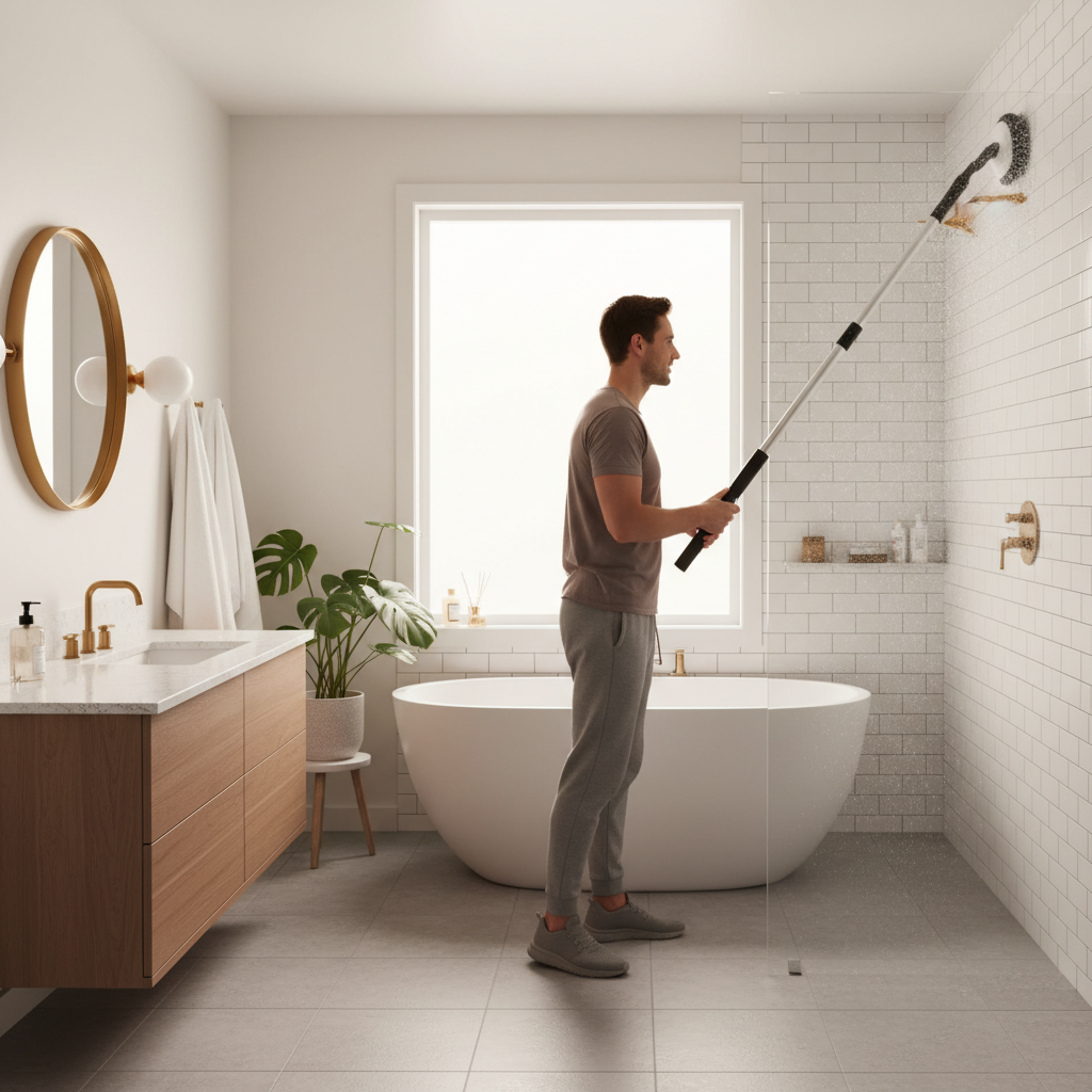 Person using electric spin scrubber in a modern bathroom