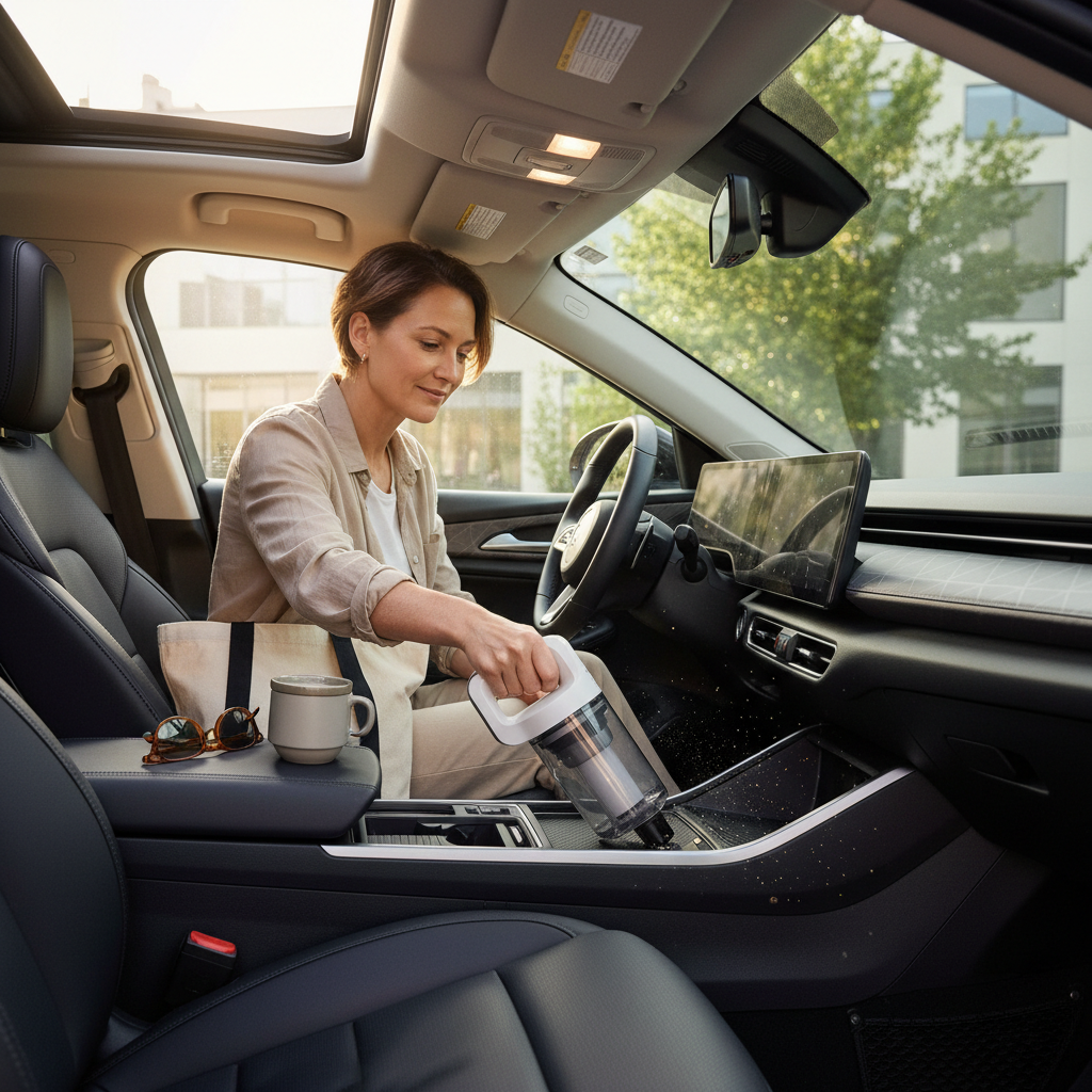 Person using portable vacuum cleaner in a car